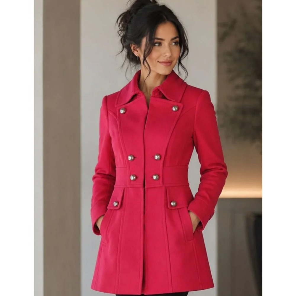 White House Black Market Military Pea Coat Women XS Red Double Breasted WHBM